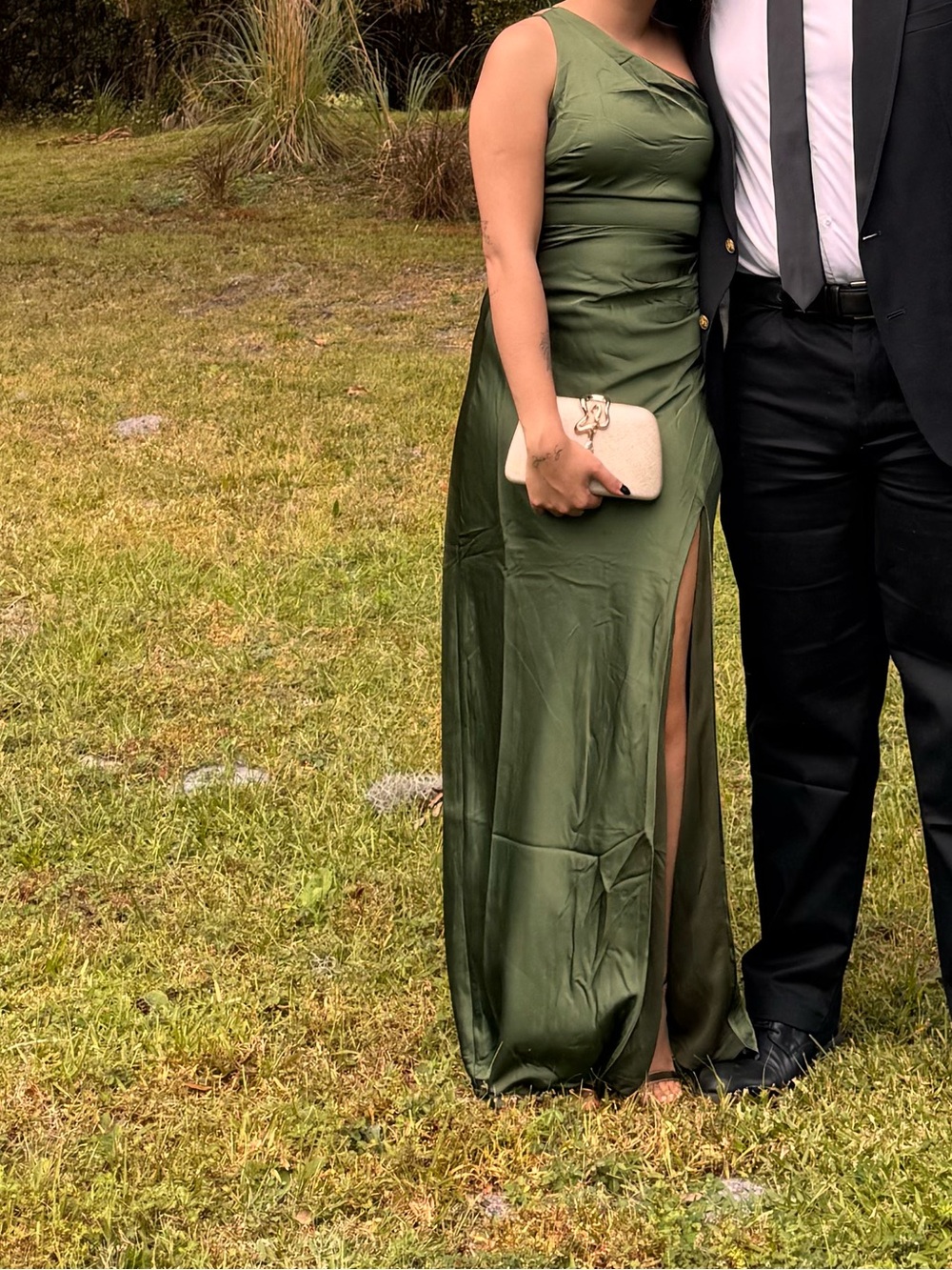 Lulu's Asymmetrical Satin Dress in Olive Green